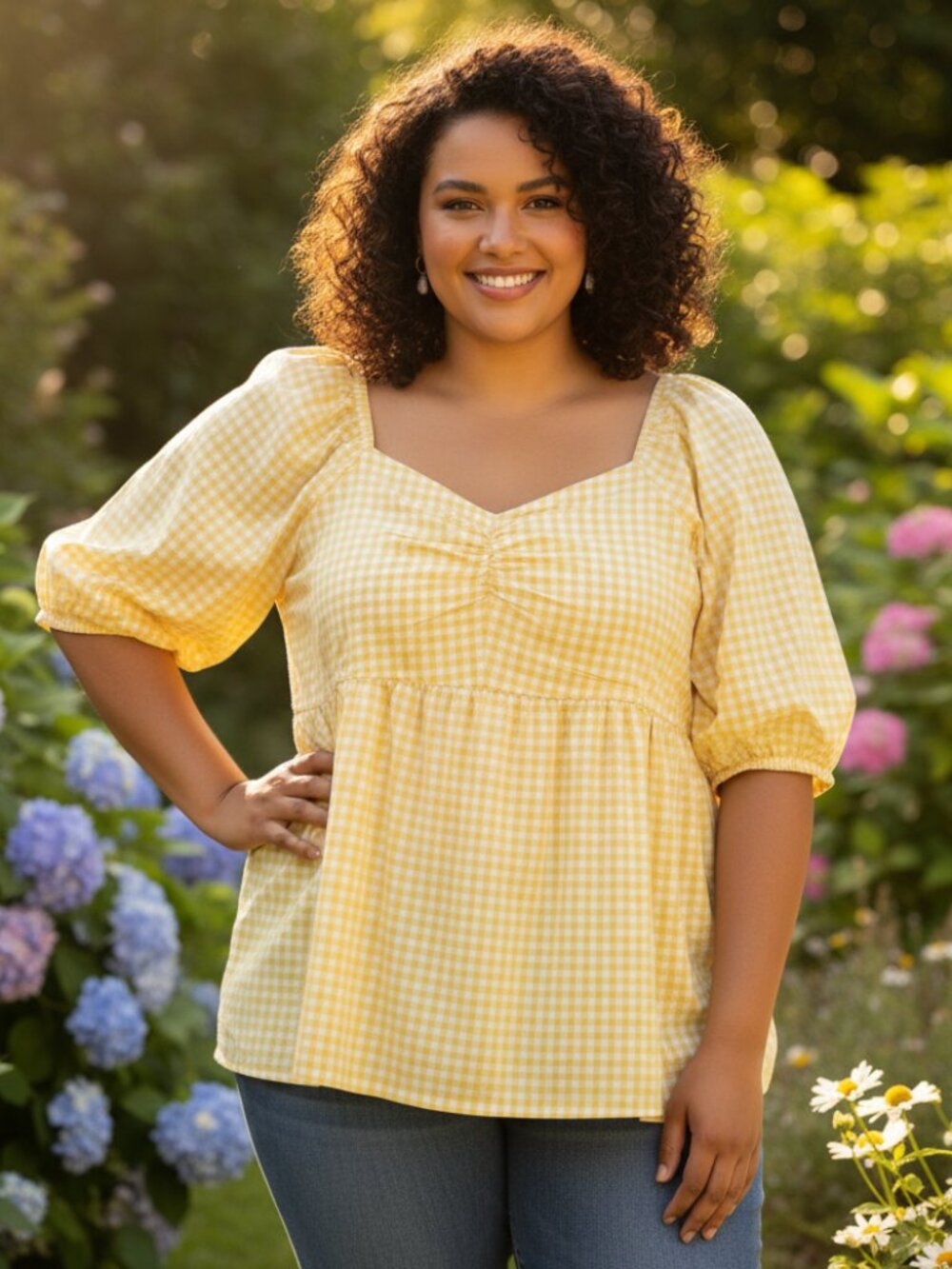 Terra Sky 4X 28 30 Top Blouse Yellow Gingham Puff Sleeve Cottage Boho Retro Mod